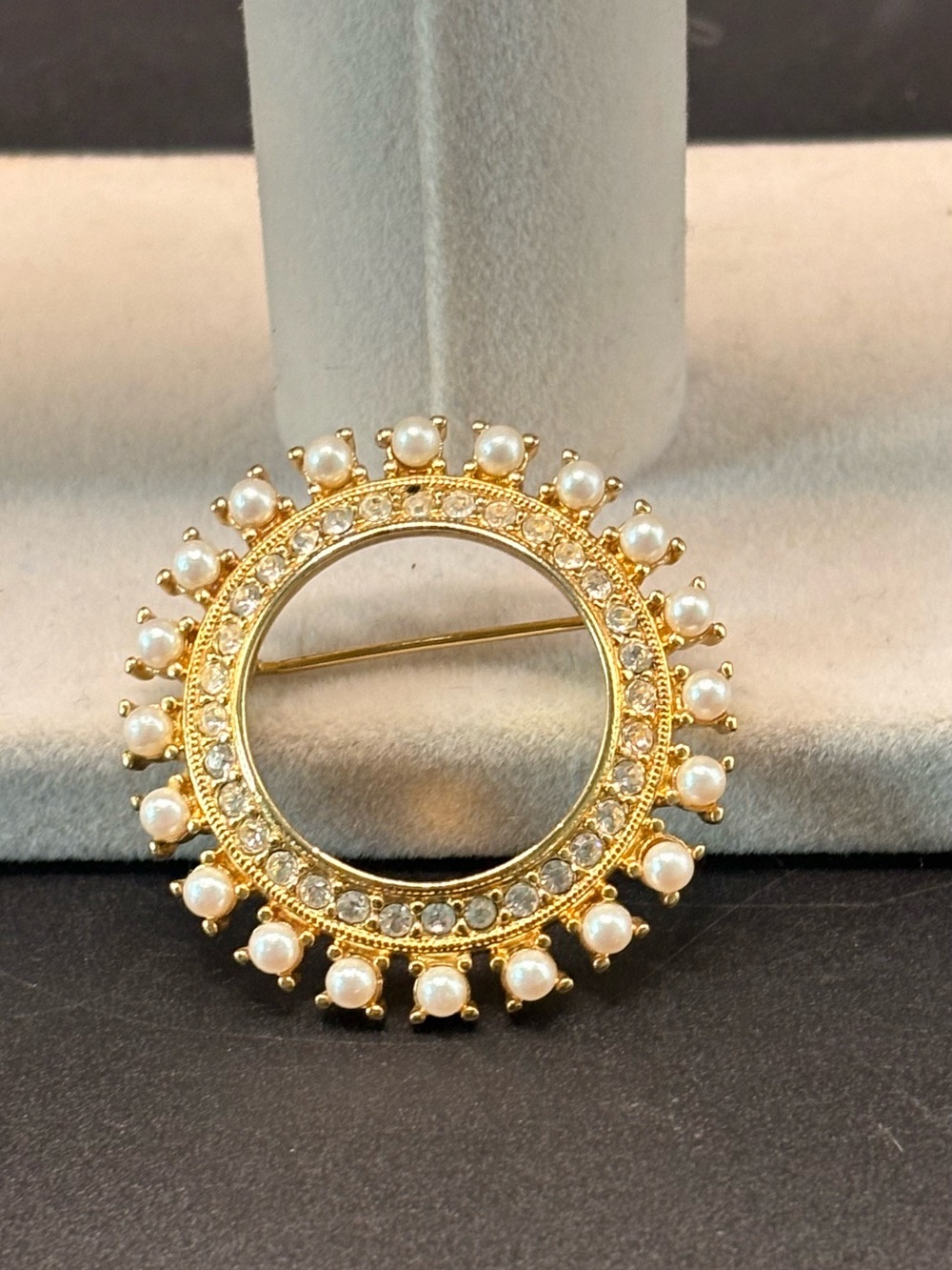 BaubleBar Pearl Rhinestone Circle Wreath Brooch Gold Tone Statement Pin